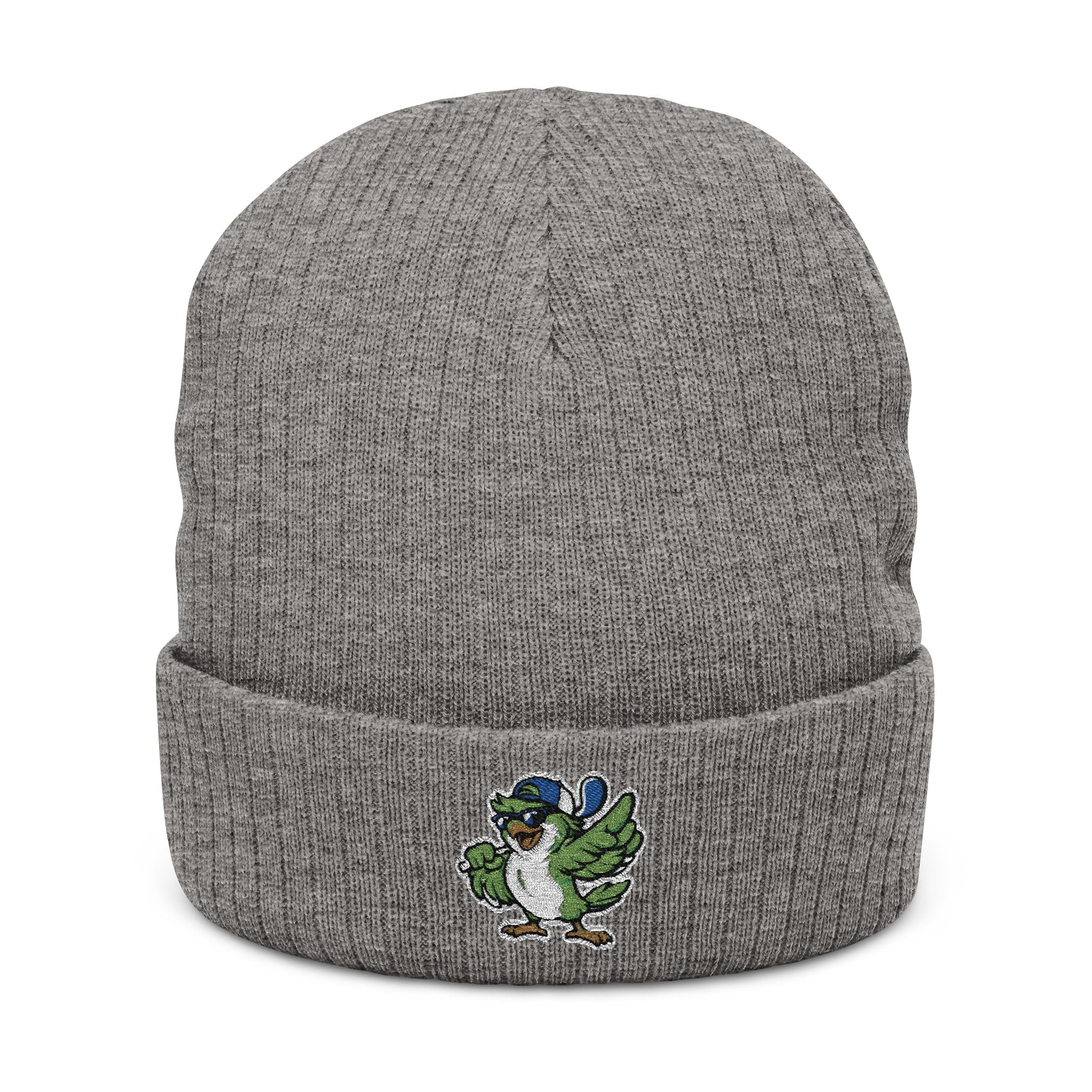 Embroidered Green Parrot Ribbed Beanie — Cute Tropical Bird Knit Hat