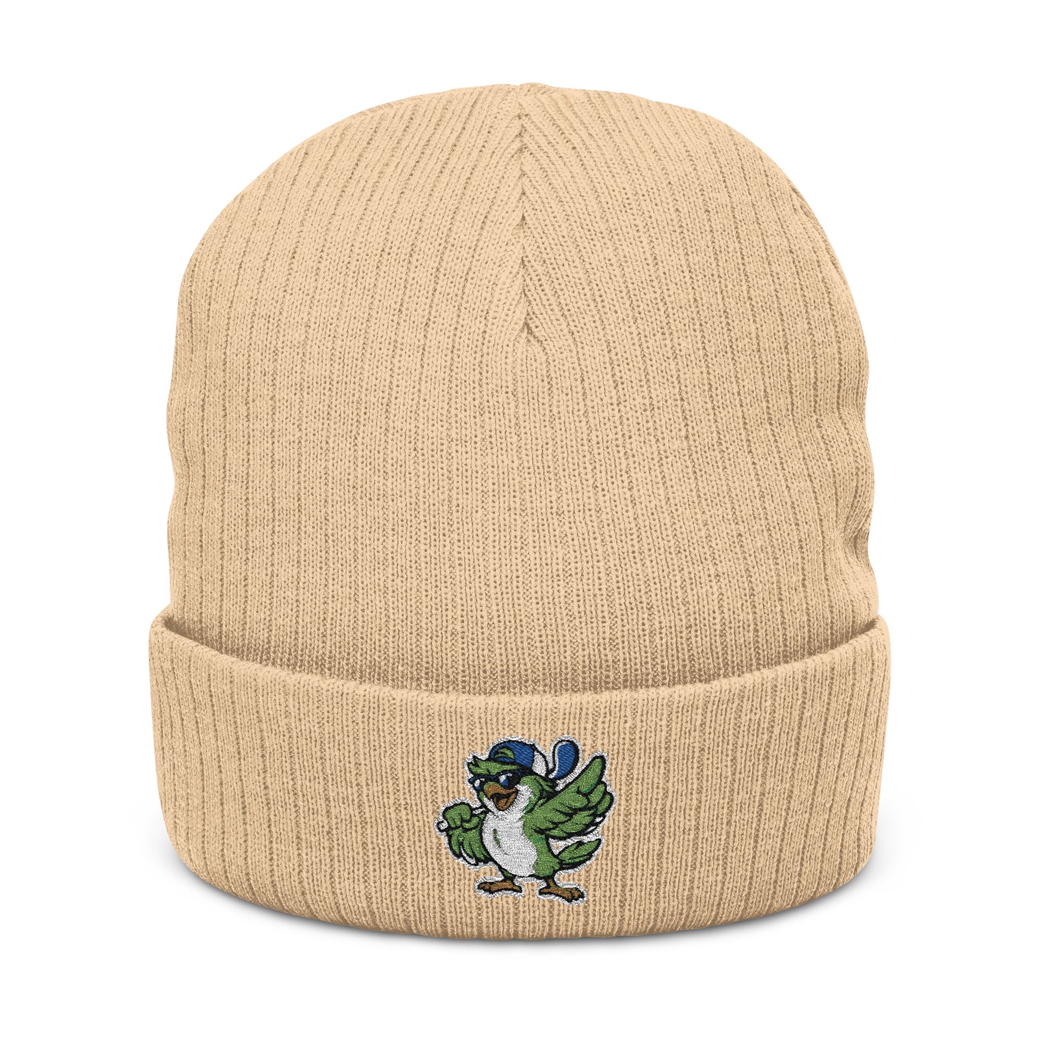 Embroidered Green Parrot Ribbed Beanie — Cute Tropical Bird Knit Hat