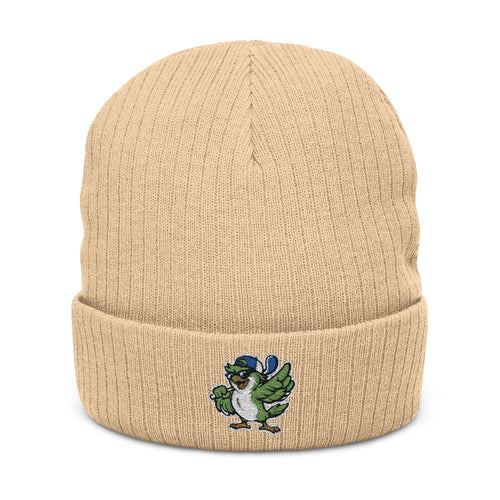 Embroidered Green Parrot Ribbed Beanie — Cute Tropical Bird Knit Hat