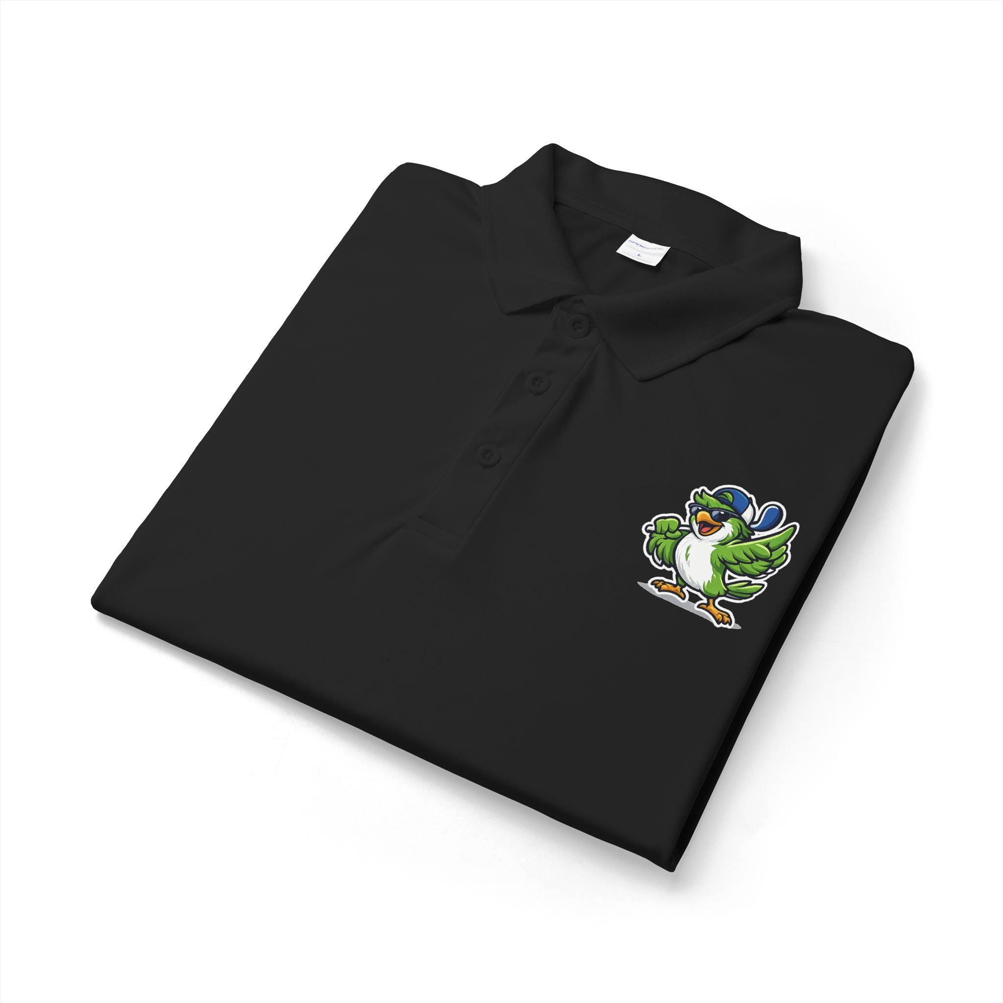 Embroidered Green Parrot Polo — Tropical Bird Chest Logo