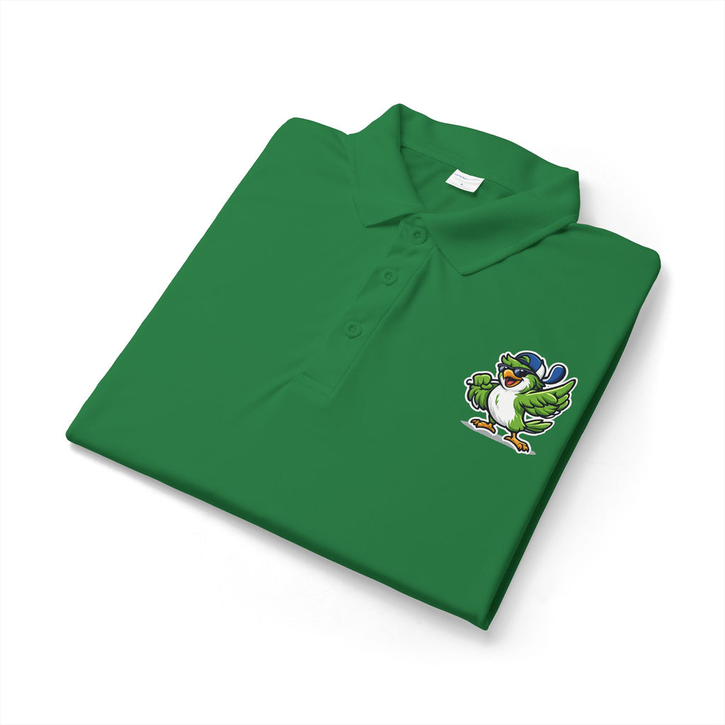 Embroidered Green Parrot Polo — Tropical Bird Chest Logo