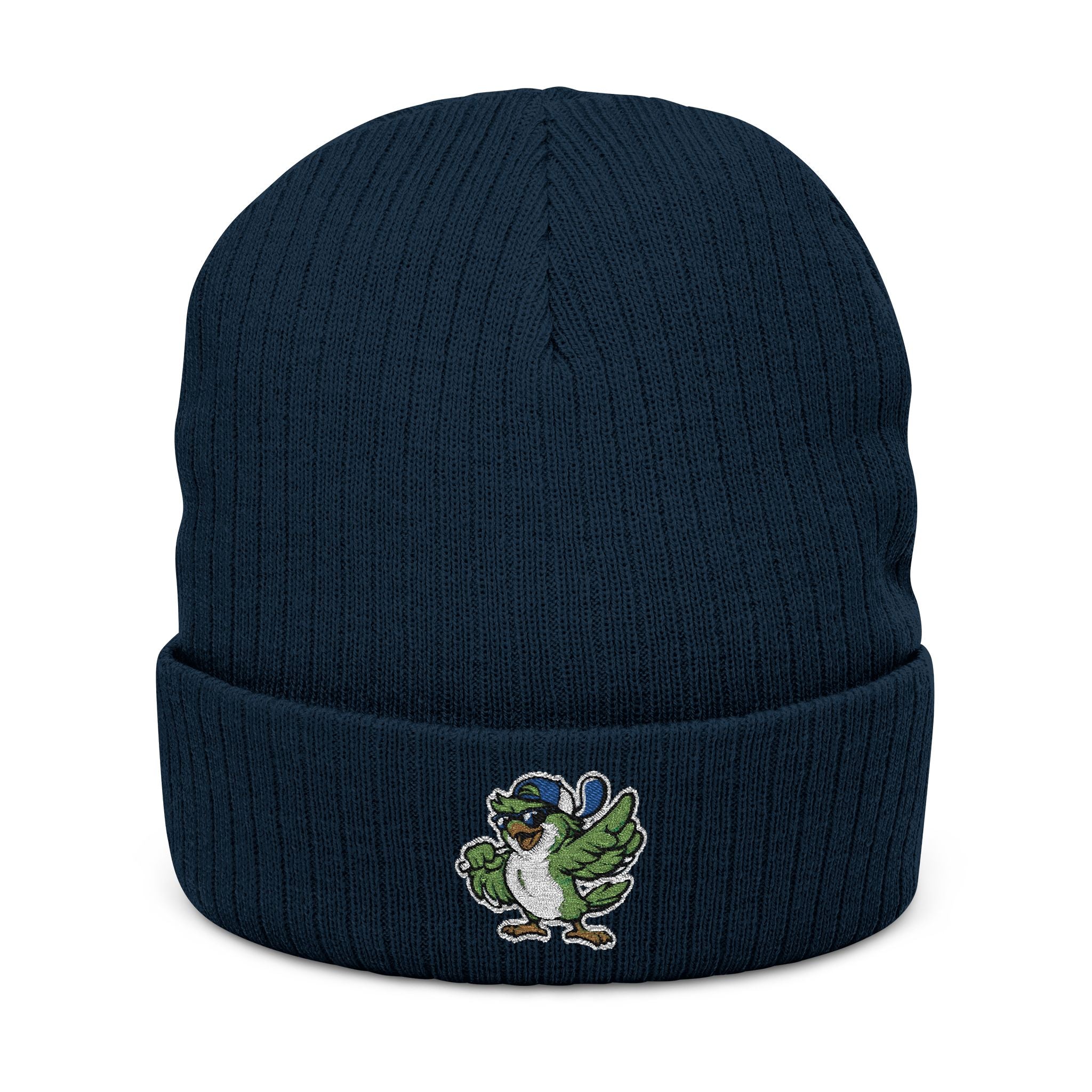 Embroidered Green Parrot Ribbed Beanie — Cute Tropical Bird Knit Hat