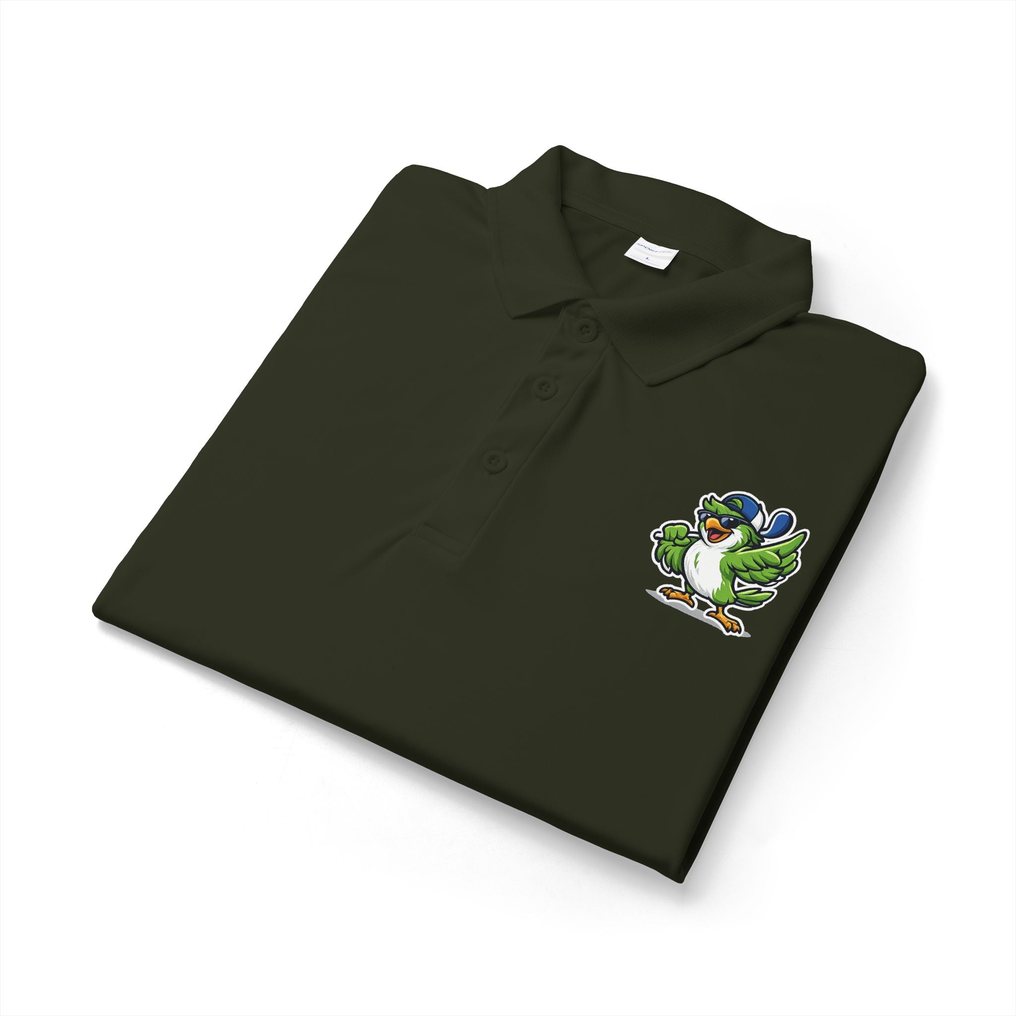 Embroidered Green Parrot Polo — Tropical Bird Chest Logo