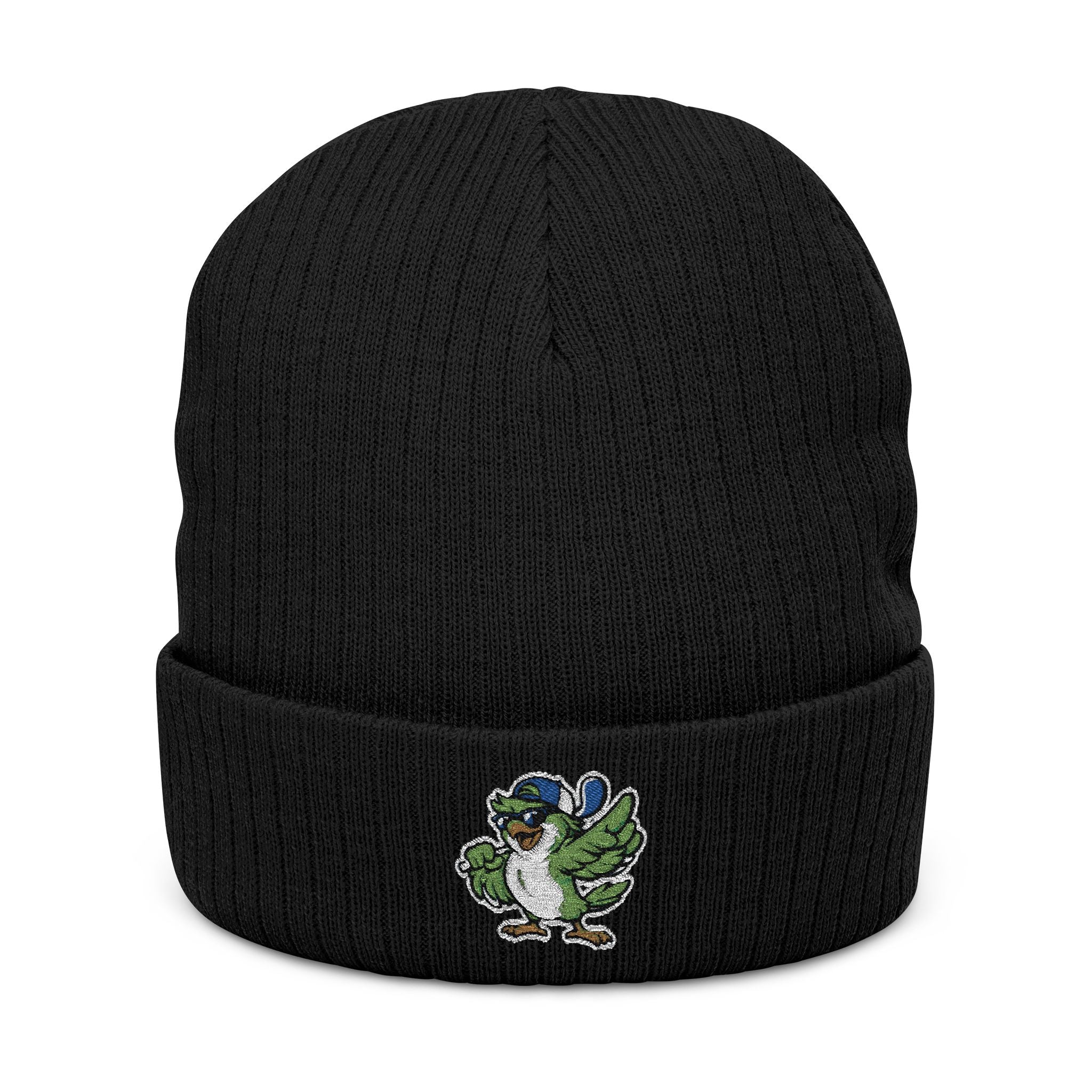 Embroidered Green Parrot Ribbed Beanie — Cute Tropical Bird Knit Hat
