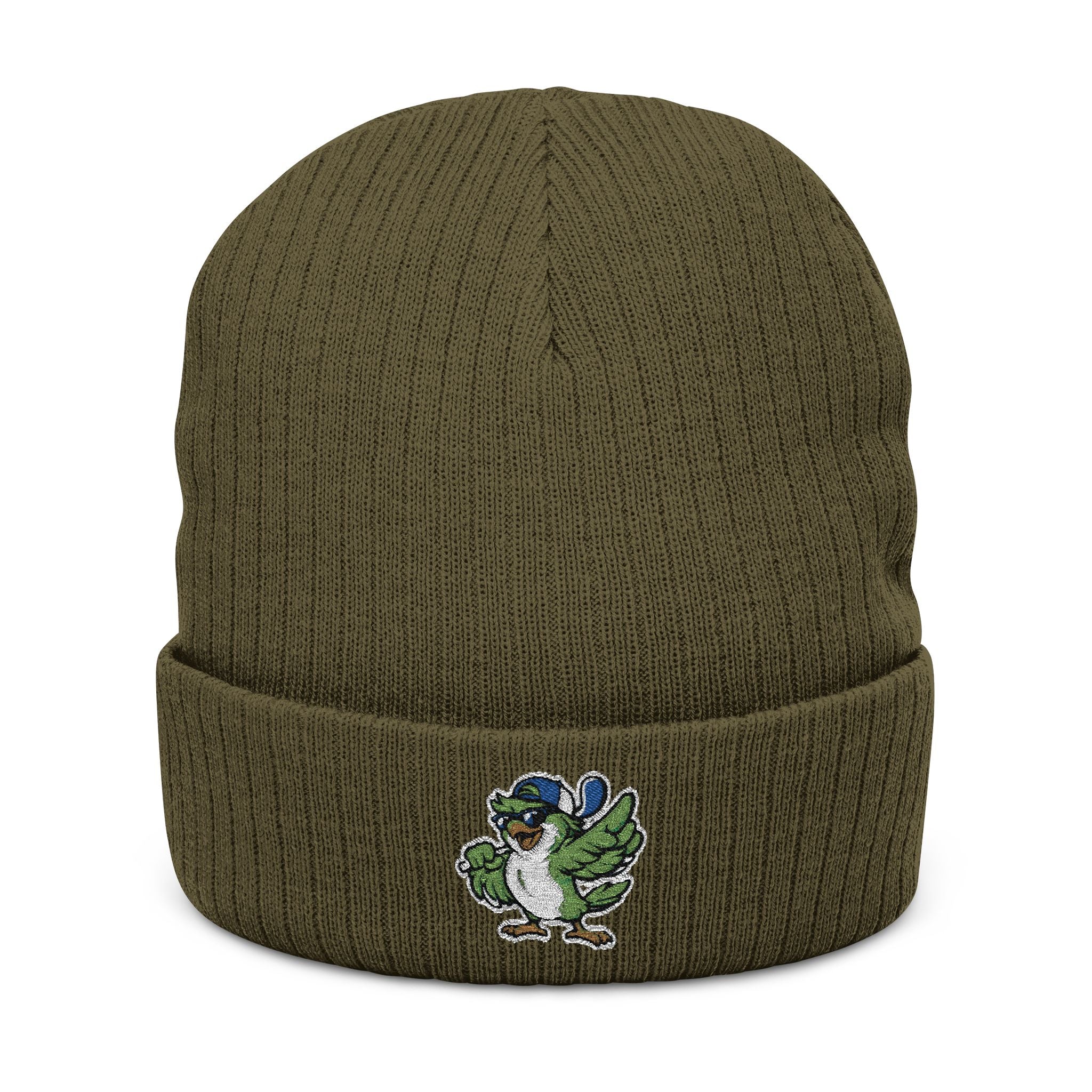Embroidered Green Parrot Ribbed Beanie — Cute Tropical Bird Knit Hat