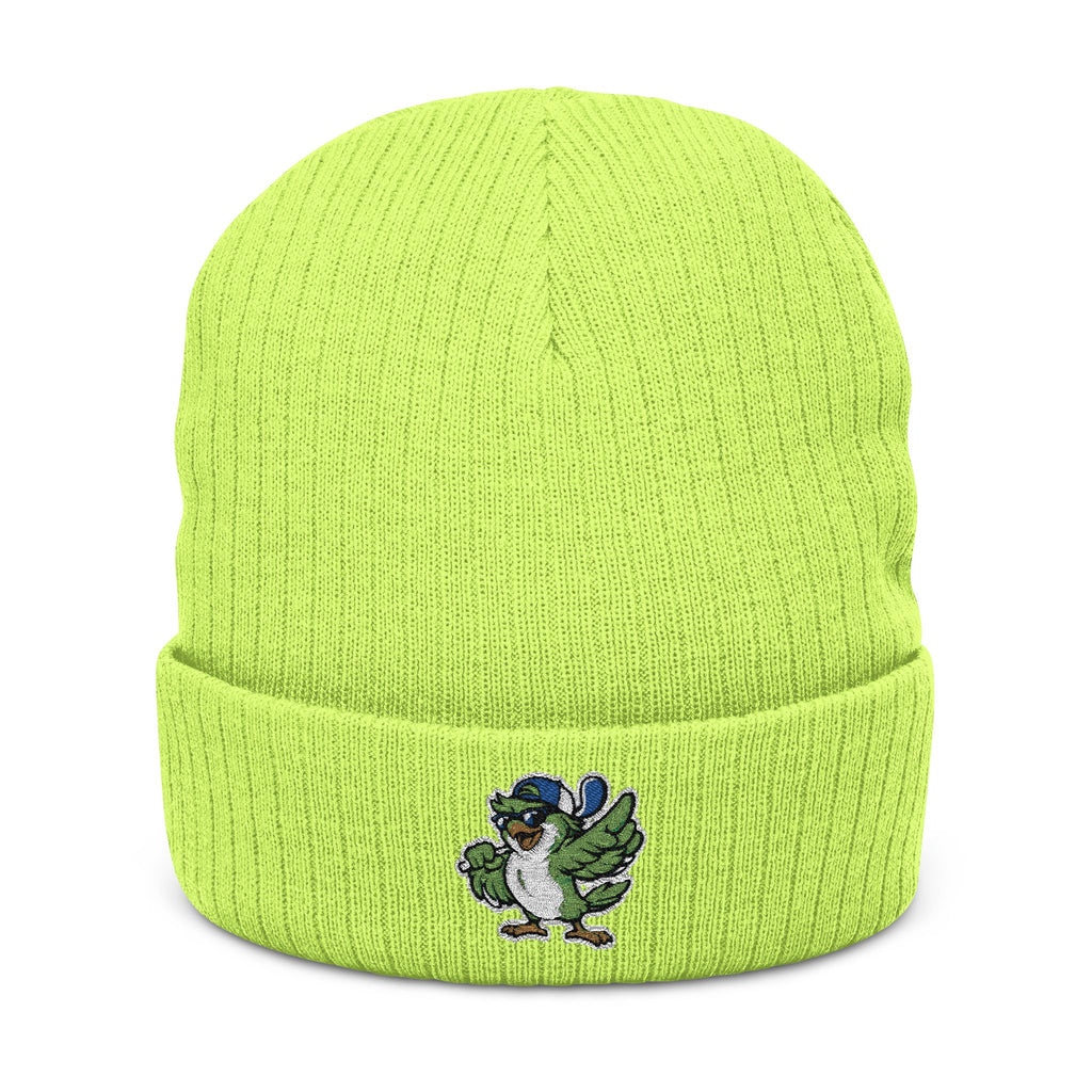 Embroidered Green Parrot Ribbed Beanie — Cute Tropical Bird Knit Hat