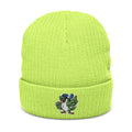Embroidered Green Parrot Ribbed Beanie — Cute Tropical Bird Knit Hat