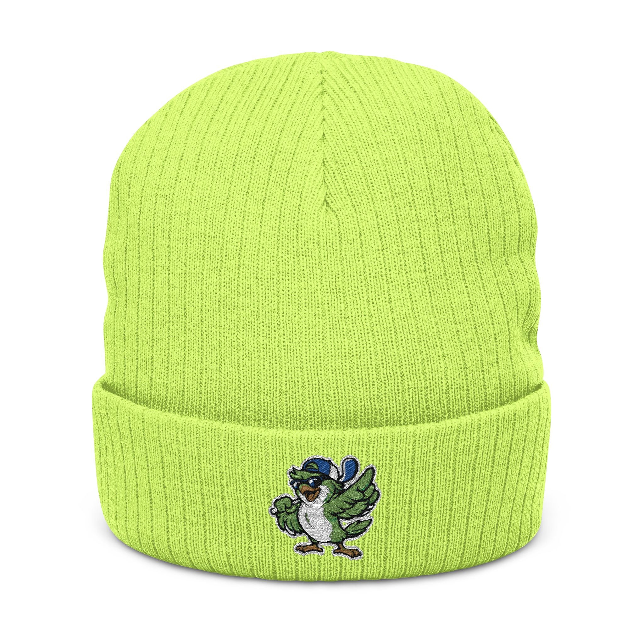 Embroidered Green Parrot Ribbed Beanie — Cute Tropical Bird Knit Hat