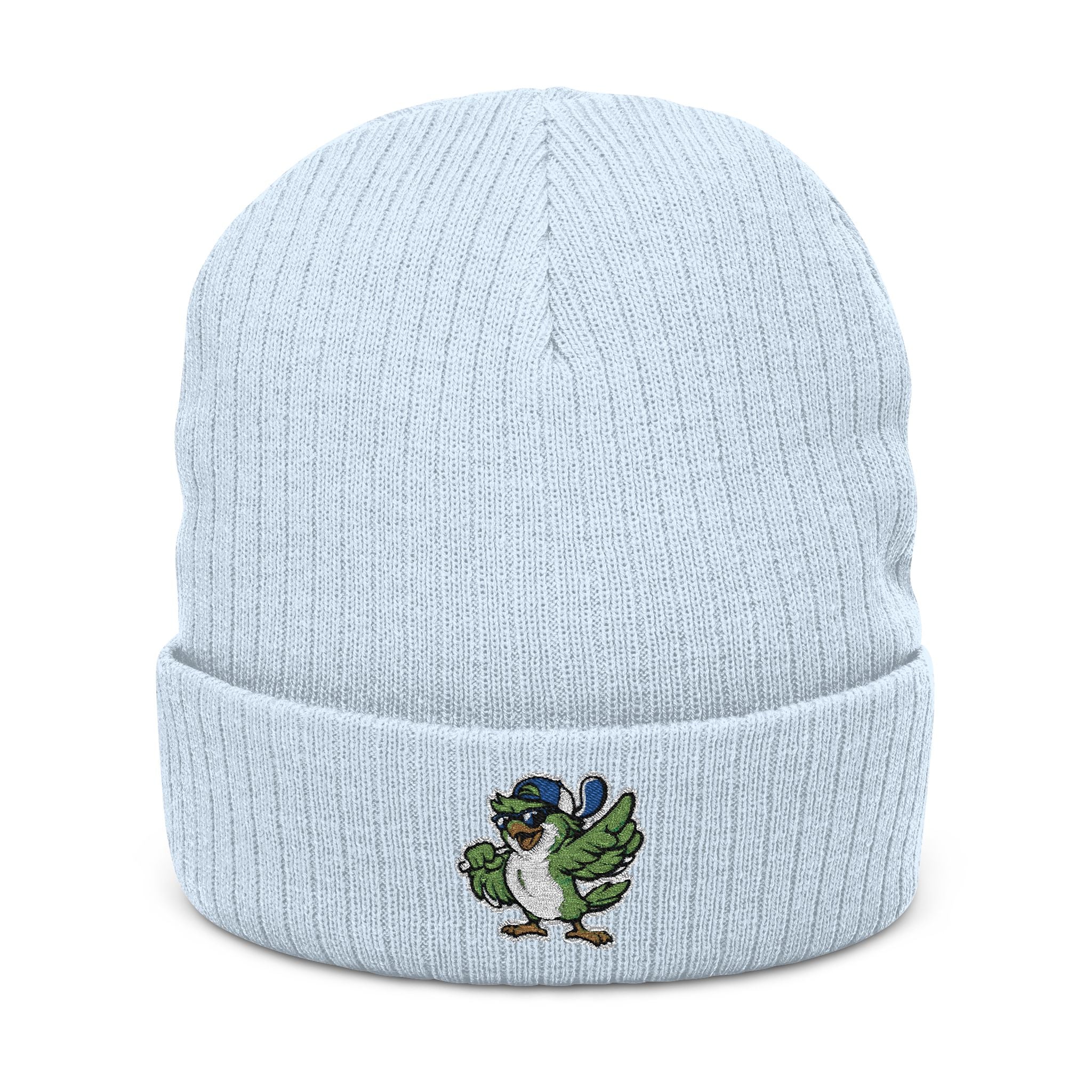 Embroidered Green Parrot Ribbed Beanie — Cute Tropical Bird Knit Hat