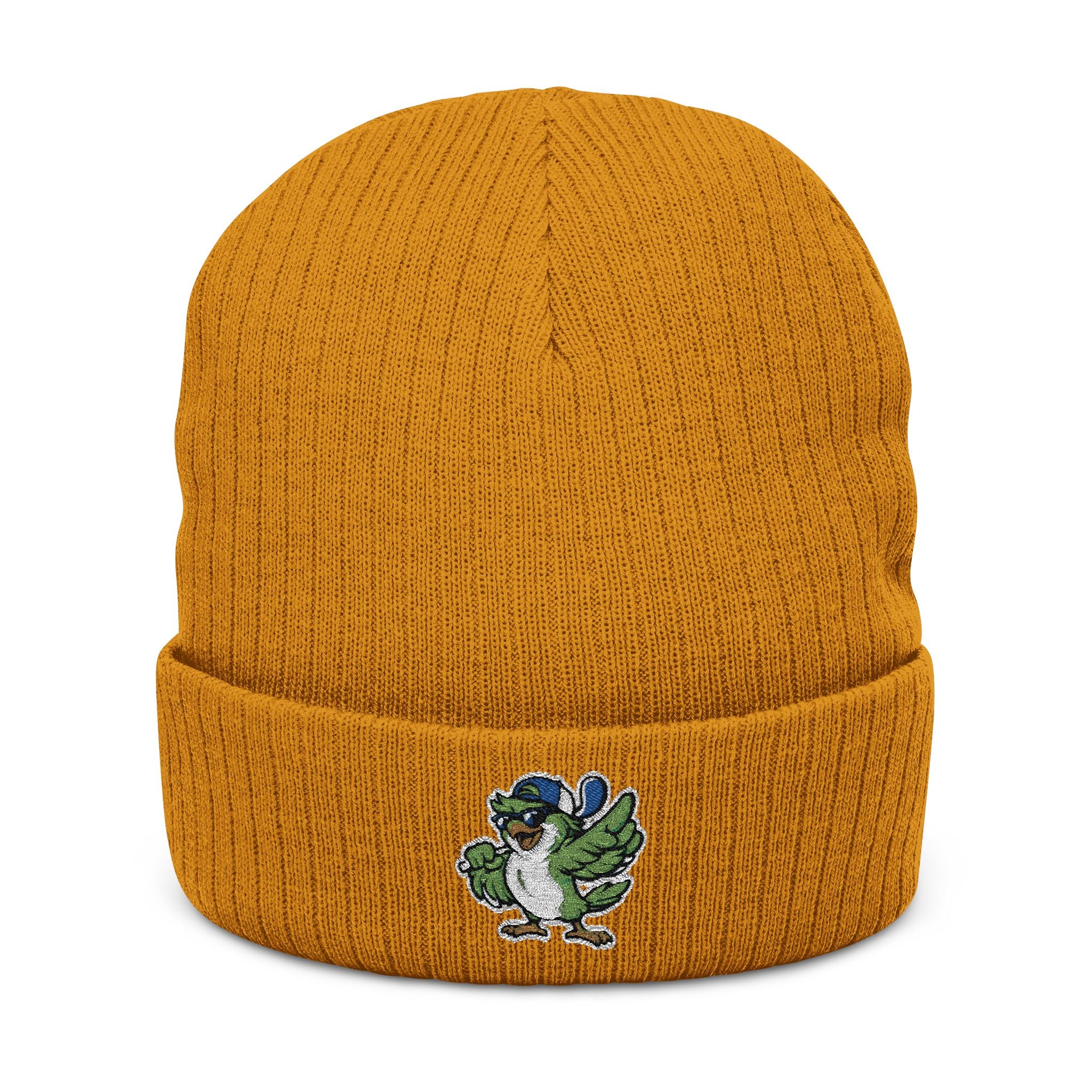 Embroidered Green Parrot Ribbed Beanie — Cute Tropical Bird Knit Hat