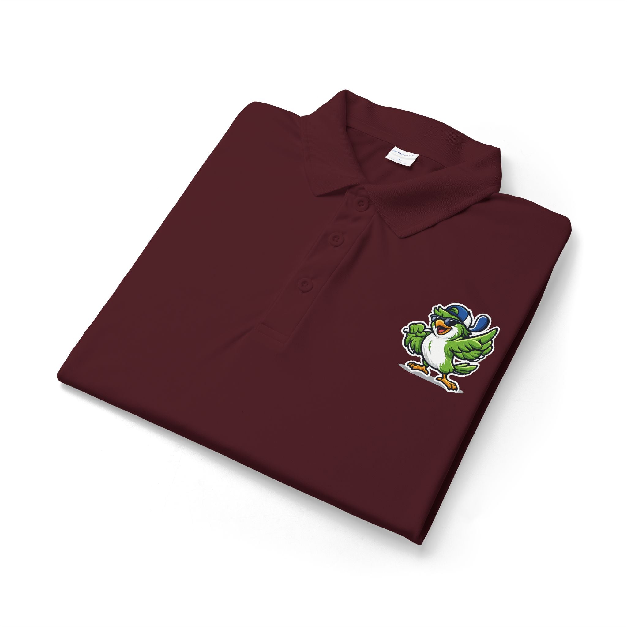 Embroidered Green Parrot Polo — Tropical Bird Chest Logo